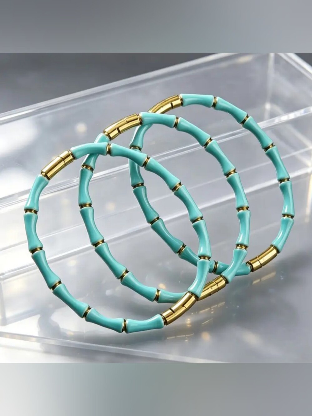 18 KT Gold Over Titanium Turquoise Bamboo Enamel Bracelet Set